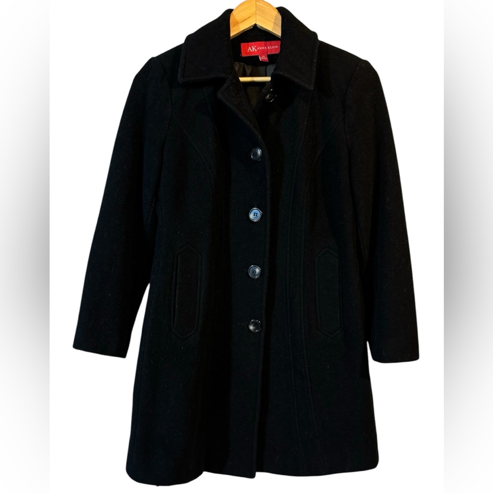Anne Klein Pea Coat Womens Sz PS Double Breast Wool Blend Black Mid Length